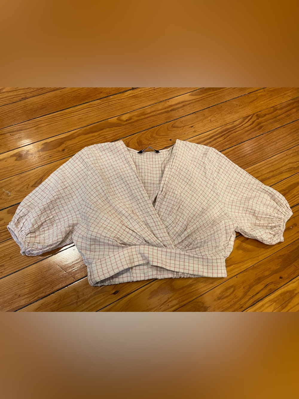 Zara gauze cross over crop puff sleeve Red and Green Windowpane Check top